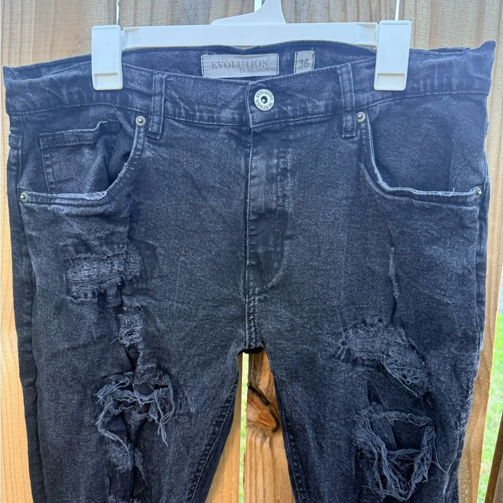 Evolution In Design Black Distressed Jeans Men’s Size 36/32 Slim Fit - Picture 11 of 12